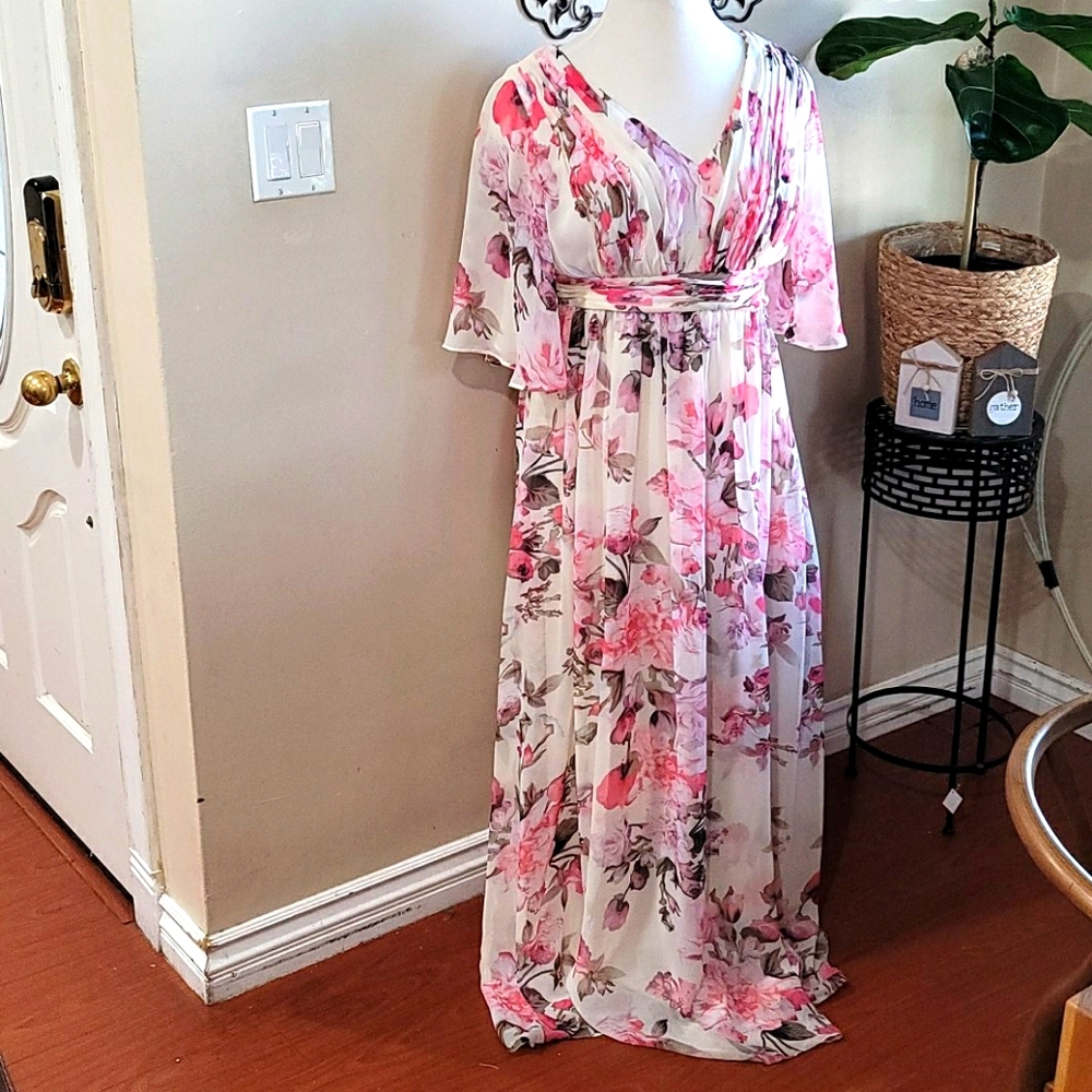 Adrianna Papell White Maxi Dress with Pink Floral Print